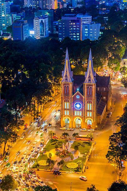 Notre Dame Cathedral in Ho Chi Minh at night with light trails
